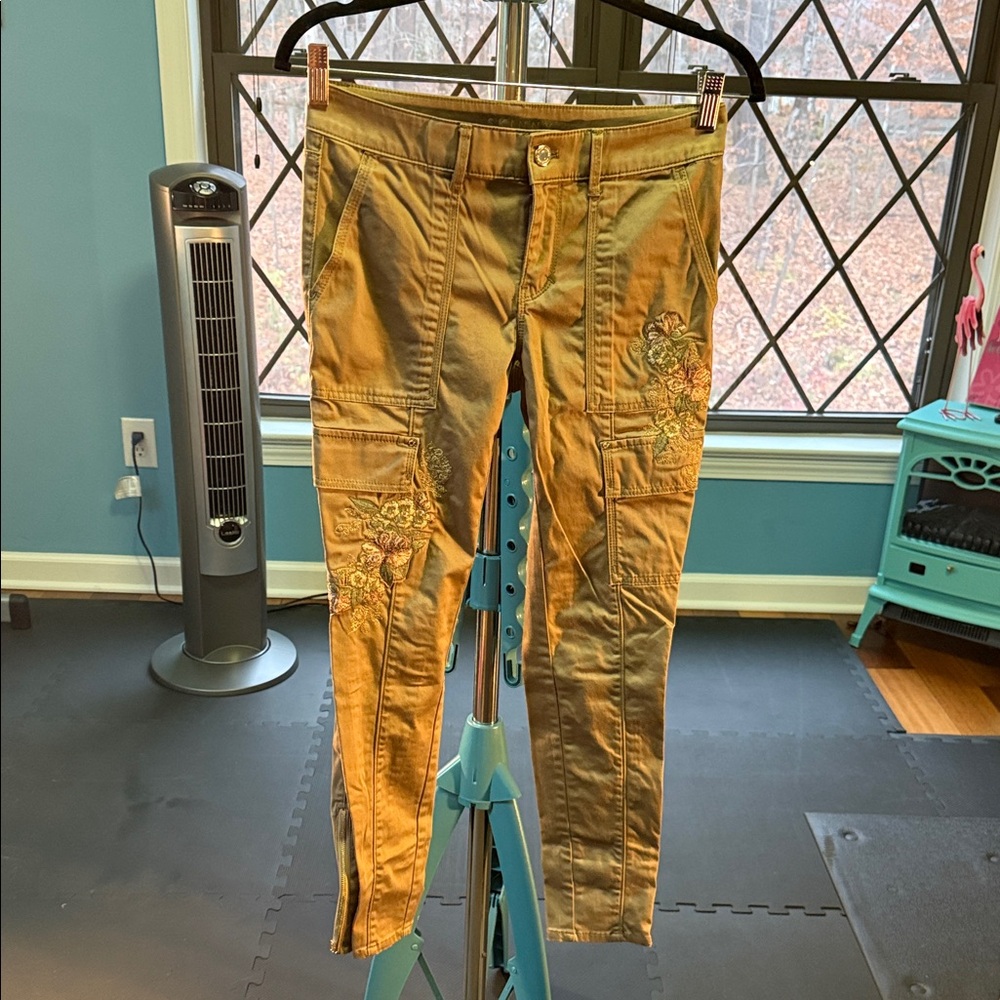 White House Black Market Tan Cropped Jeans with Floral Embroidery
